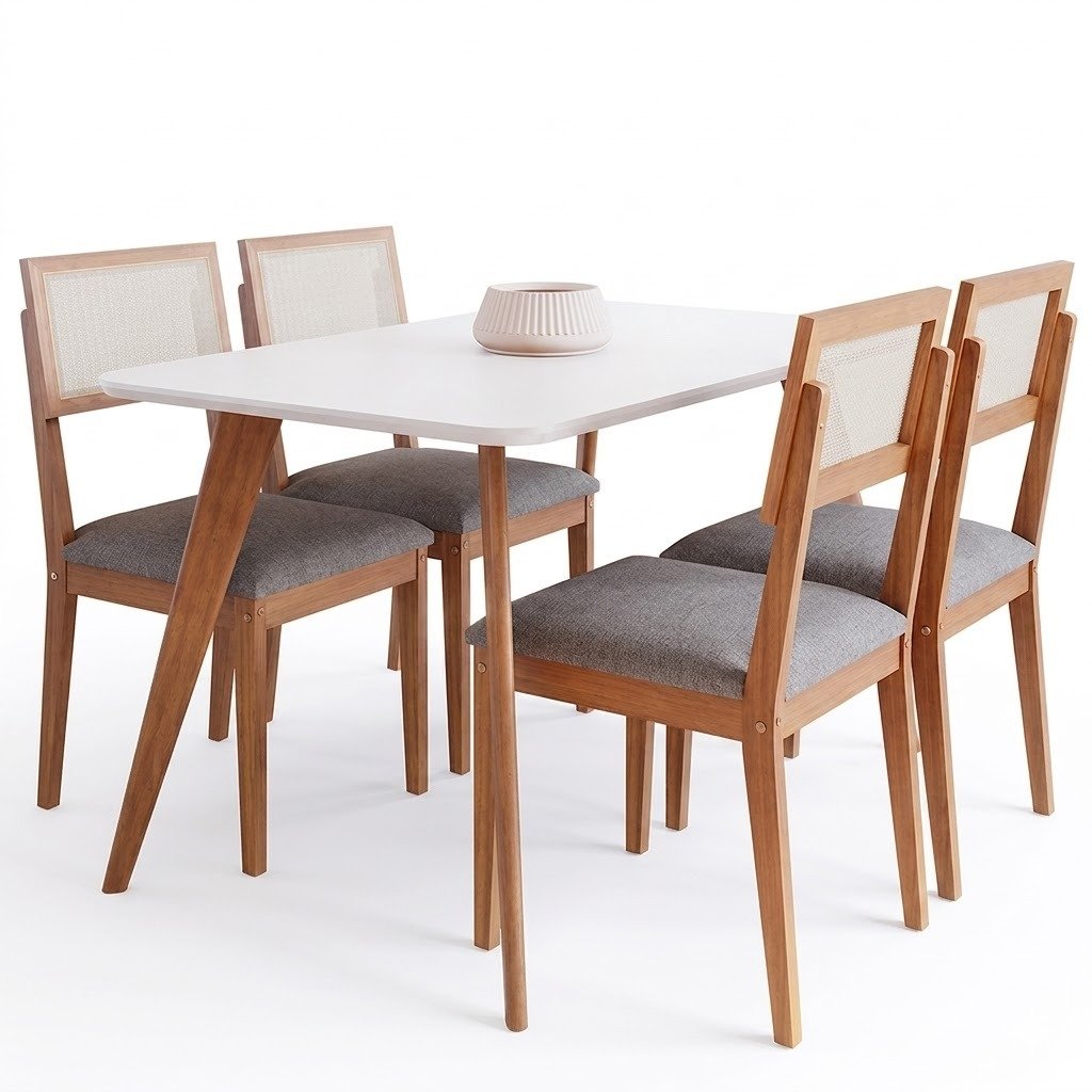 Mesa Acerola 130 (C/Vidro) Madeira/Off White com 4 Cadeiras Encanto Linho Cinza Grafite – CIMOL - Imagem 2