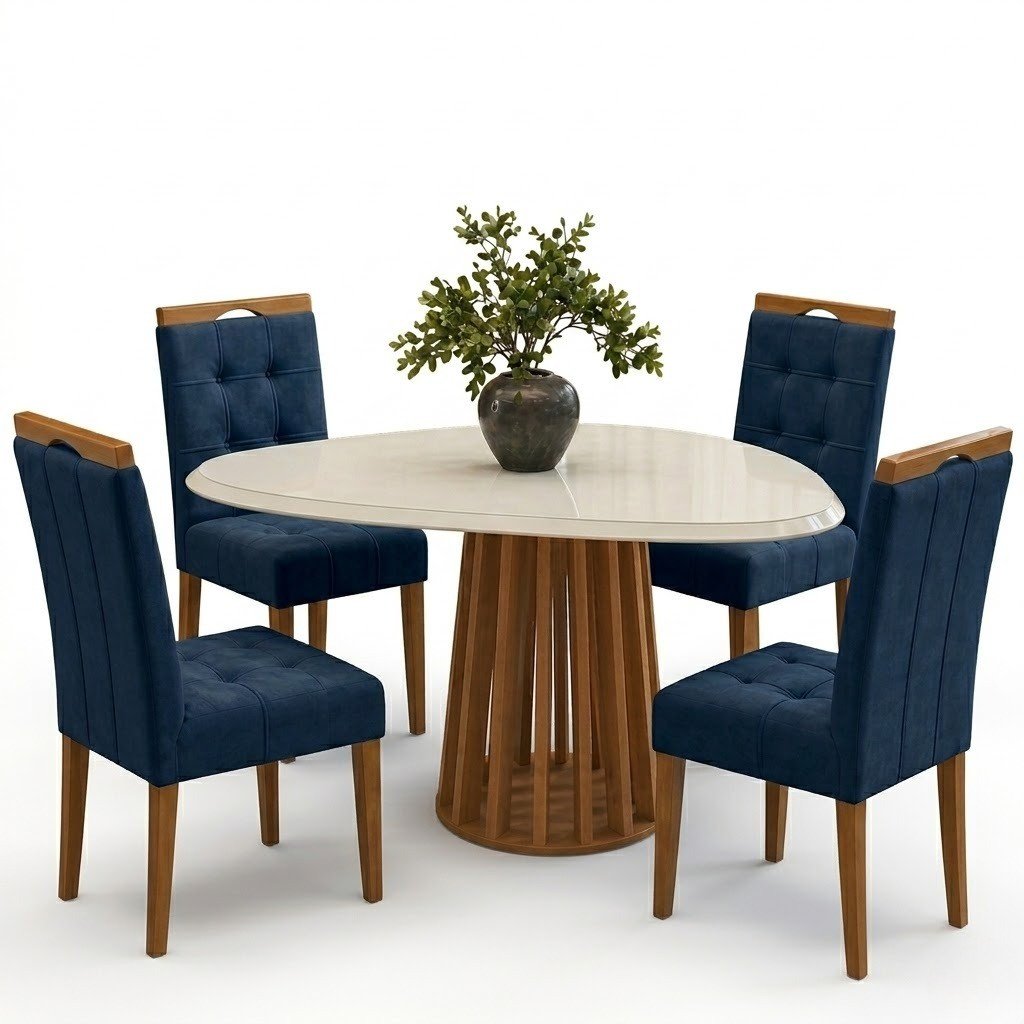 Mesa Lavanda BA45 135 Canela/Off White com 4 Cadeiras Sophia Veludo Azul 107 – KAPPESBERG + WM DECOR - Imagem 2