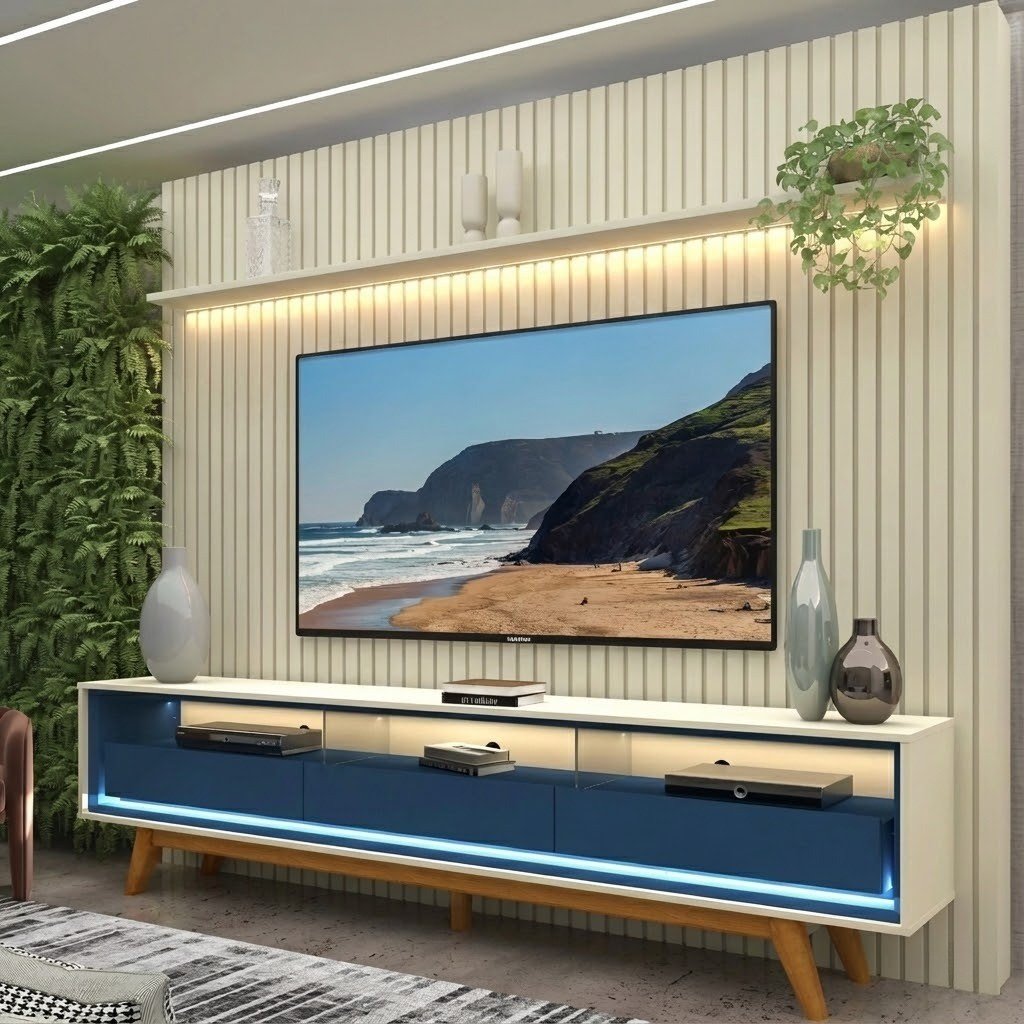 Painel até 85″ Nobre 230 Off White + Rack Requinte 212 Off White/Azul – GELIUS